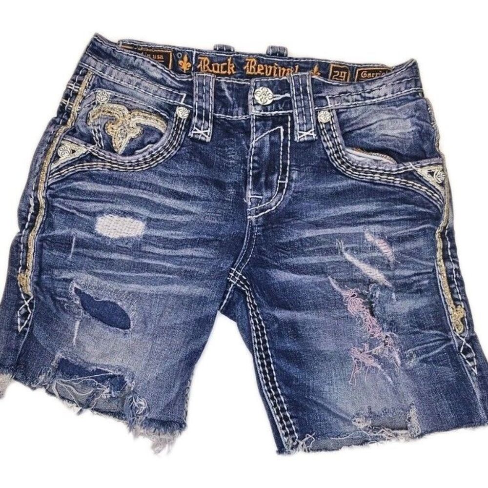 Rock Revival Garrick Slim Straight Cut Off Shorts 29 Distressed Y2K Bling